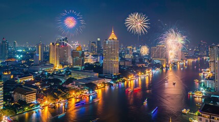 Fototapeta premium Thailand dazzles with fireworks to ring in New Year and Christmas. Generative AI