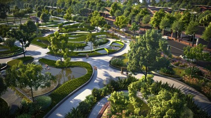 A sustainable urban landscape with water conservation features and abundant greenery.