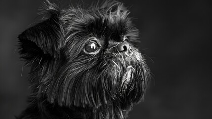 The black and white profile photo of a small dog emphasizes its expressive eyes and detailed fur, capturing a moment of calm and introspection. The classic style enhances emotional depth.