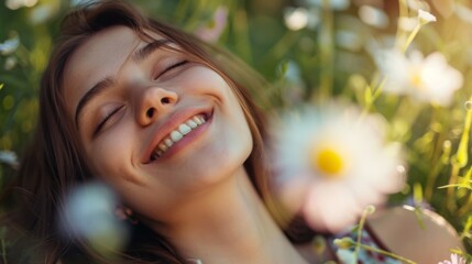 An artistic and dreamy image showcasing a blurred figure lying among blooming flowers with a predominantly green and white color scheme, evoking a sense of calm and serenity.