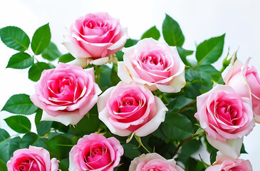 Obraz premium Set of beautiful pink roses with lush green leaves, cut out 