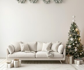Naklejka premium Festive white christmas living room decor with tree, gifts, and ornaments for holiday season celebration and decoration event