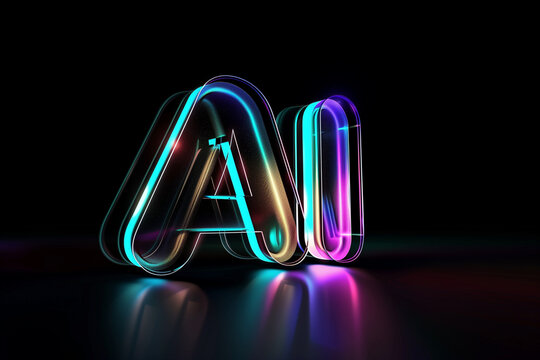 Artificial Intelligence: Shimmering AI logo is casting a reflection on a dark backdrop, showcasing vivid shades of blue and purple