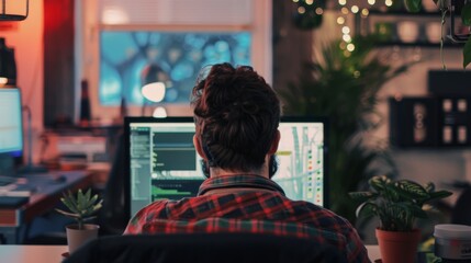 Obraz premium A home office environment where a programmer is working on a complex project, the surroundings include a cozy setup with plants and a warm lighting ambiance.