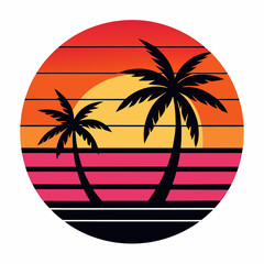 Retro Sunset Beach Palm Tree Vector.