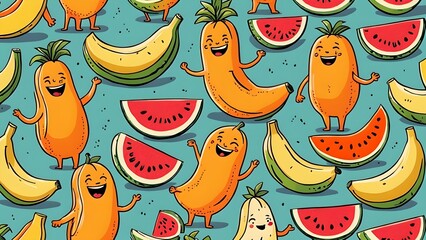 A colorful fruit pattern with apples, oranges, and grapefruit