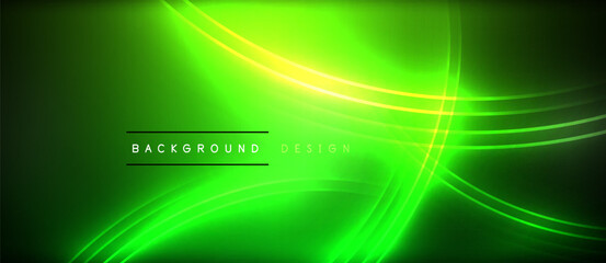 Neon glowing circle rays, light round lines in the dark, planet style neon wave lines. Energetic electric concept design for wallpaper, banner, background