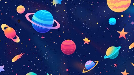 Fototapeta premium Cartoon illustration of outer space with planets, stars, and a comet in a colorful and starry night sky