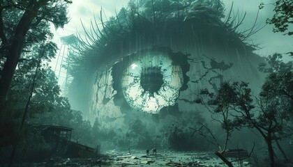 Obraz premium Step into a realm of the extraordinary! Witness utopian fantasies entwined with spine-chilling horrors from an eye-level angle