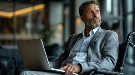 Fototapeta premium Attractive, well-groomed middle-aged man in business attire sitting in his wheelchair and working with a laptop at the office building interior.
