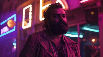 A mysterious man wearing a jacket stands against a vibrant background illuminated by neon lights, giving the scene a dramatic and cinematic feel with strong colorful contrasts.