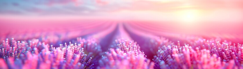 A breathtaking view of a lavender field at sunset, with vibrant purple flowers extending into the horizon under a pink and orange sky.