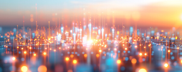 Obraz premium Abstract representation of technology with colorful glowing lights resembling a futuristic cityscape at sunset or sunrise.
