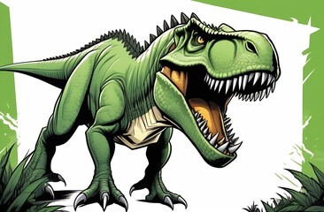 Fototapeta premium An image of a tyrannosaurus dinosaur with an open mouth on a white sheet of green background, logo, decorative element or print for wallpaper design, packaging, clothing