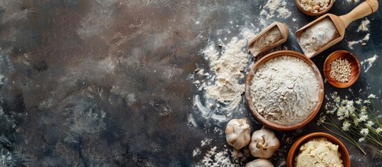 Dark background baking class or recipe idea with flour and space for text. Top view of baking preparation on wooden surface. Making dough or pastry.