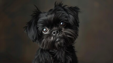 A small black dog gazes with a curious expression, enhanced by a dark and moody background. The close-up highlights the dog's fur and eye details beautifully.