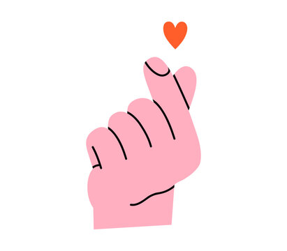 Hand drawn cute cartoon illustration of hand with heart sign. Flat vector love finger gesture in doodle style. Support and kindness icon. Love romantic couple print. Romantic feelings. Isolated.