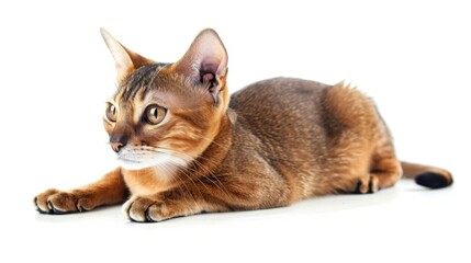 An alert kitten rests peacefully on a pristine white background. The kitten's attentive expression and relaxed posture embody the essence of youth and innocence.