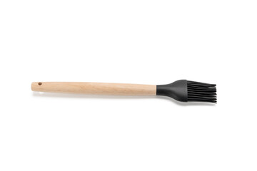 Black brush with a wooden handle. It is made of wood and has a black brush.