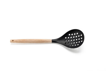 Sulfur ladle with holes and a wooden handle. Ladle for cooking.