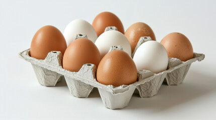 A carton of eggs with a white egg in the middle