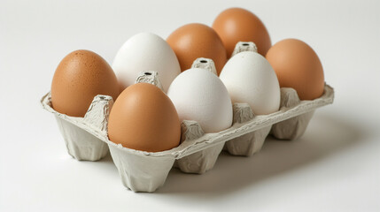 A carton of eggs with six white and six brown eggs
