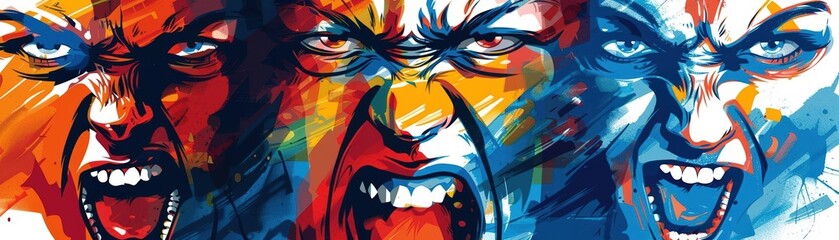  graphic closeup, angry facial features, gossiping about economic scandals, business feel