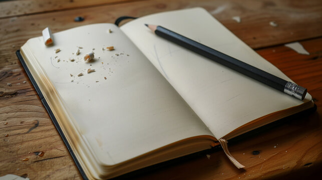 Open notebook with pencil and shavings on wooden table