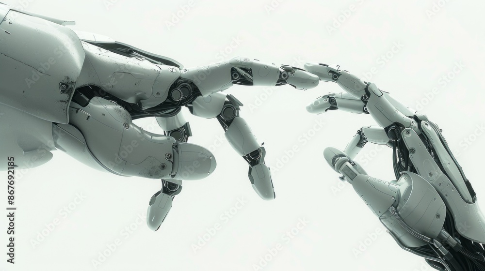 Poster two white robotic hands extend towards each other, fingers brushing, suggesting connection and colla