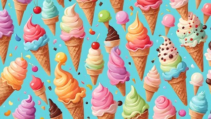 A blue background with a variety of ice cream cones and cups