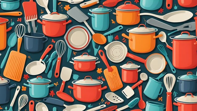 A colorful drawing of various kitchen utensils and pots, including a frying pan