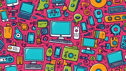 A colorful and vibrant image of various electronic devices such as cell phones
