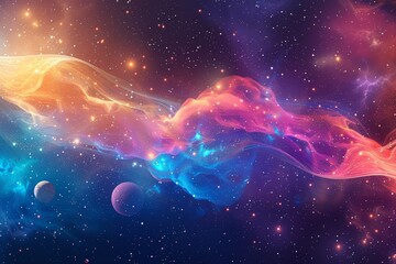 Obraz premium Abstract Cosmic Nebula with Swirling Gaseous Clouds, Stars, and Planets in a Galaxy