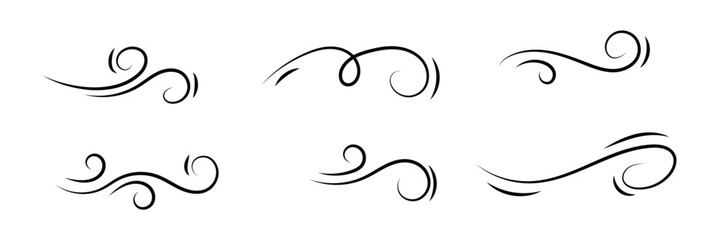 Doodle wind line sketch set. Hand drawn doodle wind, air blow, swirl elements. Sketch drawn air blow motion, smoke flow art, abstract line. Vector illustration. Isolated on white background in eps 10.
