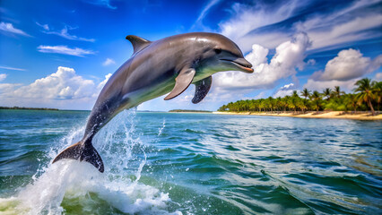 Dolphin jumping out of water. Generative Ai