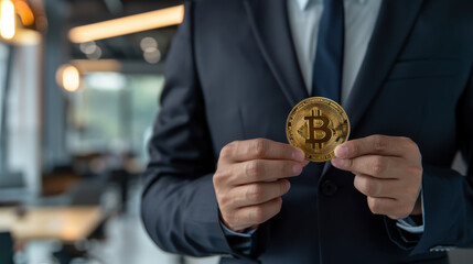 Businessman holding a Bitcoin coin in an office environment