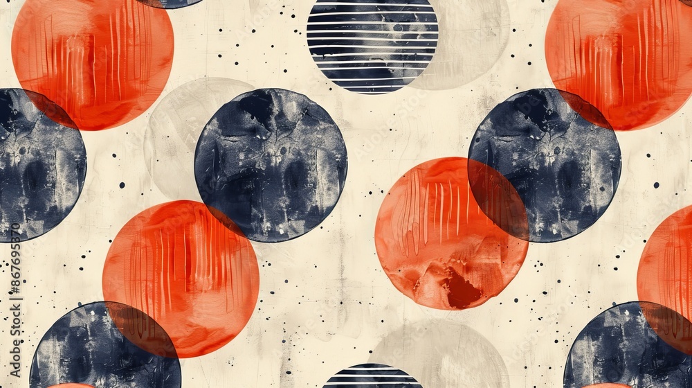 Poster A retro-inspired wallpaper with a repeating pattern of circles and stripes on a textured background