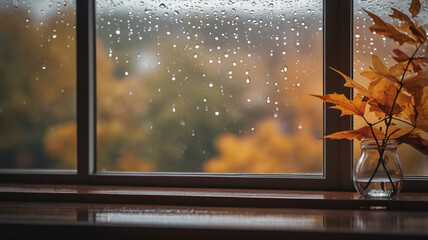 autumn background. autumn rain view through the window. concept of fall season. rainy day weather