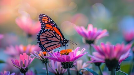 Obraz premium Vibrant Butterfly on Blooming Pink Flower in Summer Garden
