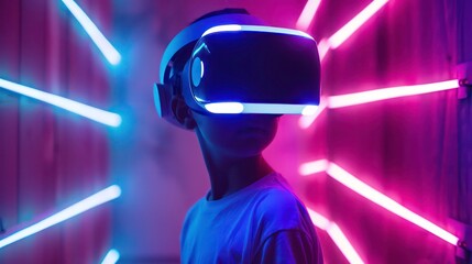 Young boy wearing VR virtual reality headset. Neon lights and lines. Futuristic technological theme. Neon lghts.
