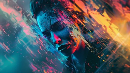 Obraz premium Abstract Portrait with Vibrant Neon Colors and Distorted Lines