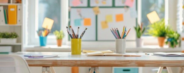 Teacher decorating a classroom with vibrant posters and artwork, preparing for new school year, creative learning space