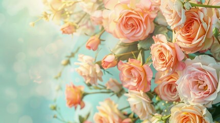 Fototapeta premium Beautiful summer flowers as background. Blossoming delicate roses on blooming flowers festive background, pastel and soft bouquet floral card.