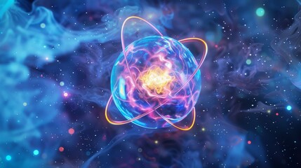 Abstract Sphere with Glowing Orbits and Starry Background, Symbolizing Cosmic Energy and Quantum Physics