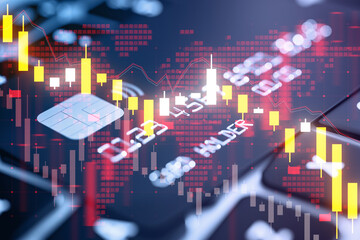 Abstract financial chart with lines and stock market numbers on a blue background, a creative business concept