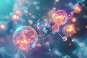 Obraz premium Abstract spheres connected with lines, glowing with vibrant colors and intricate details, set against a blurred blue and pink background.