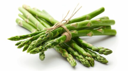 Fresh green asparagus spears, bunches are removed on a clean white background. The simplicity of the setup emphasizes the bright colors and textures of the asparagus. This makes it ideal for food phot