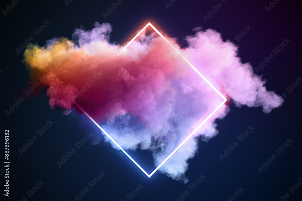 Poster colorful neon smoke inside a glowing diamond shape on a dark background, concept of modern design te