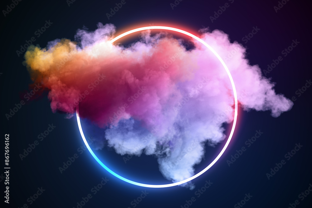 Poster colorful smoke and neon circle on dark background, abstract modern design concept. 3d rendering