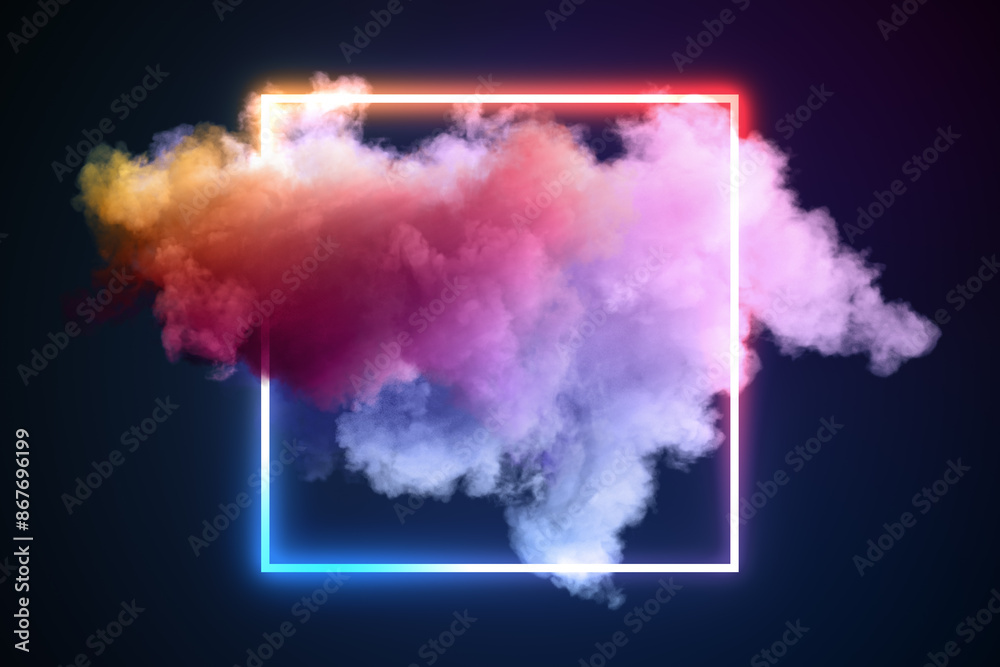 Poster Colorful smoke inside a neon frame on a dark background, visualizing a trendy and modern design concept. 3D Rendering